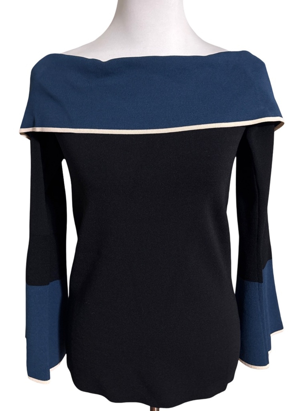 Lane Bryant Black Navy Off the Shoulder Sweater Cream Trim
